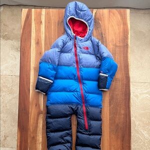 The North Face Blue and Red Hooded Snowsuit